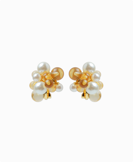 シトリンパールミックスフラワーフリンジイヤークリップ